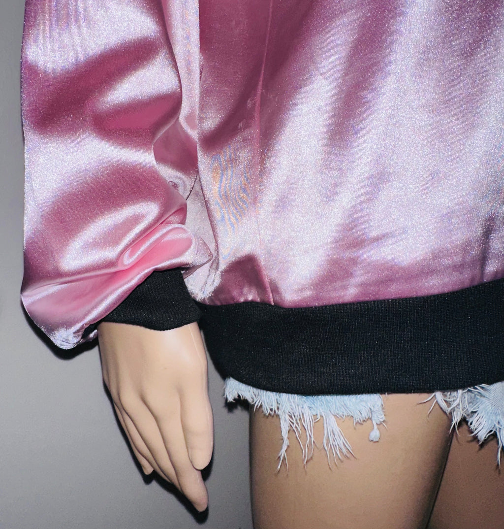 Pink Lady Grease Movie Themed Full Zip Satin Jacket, Sz XL
