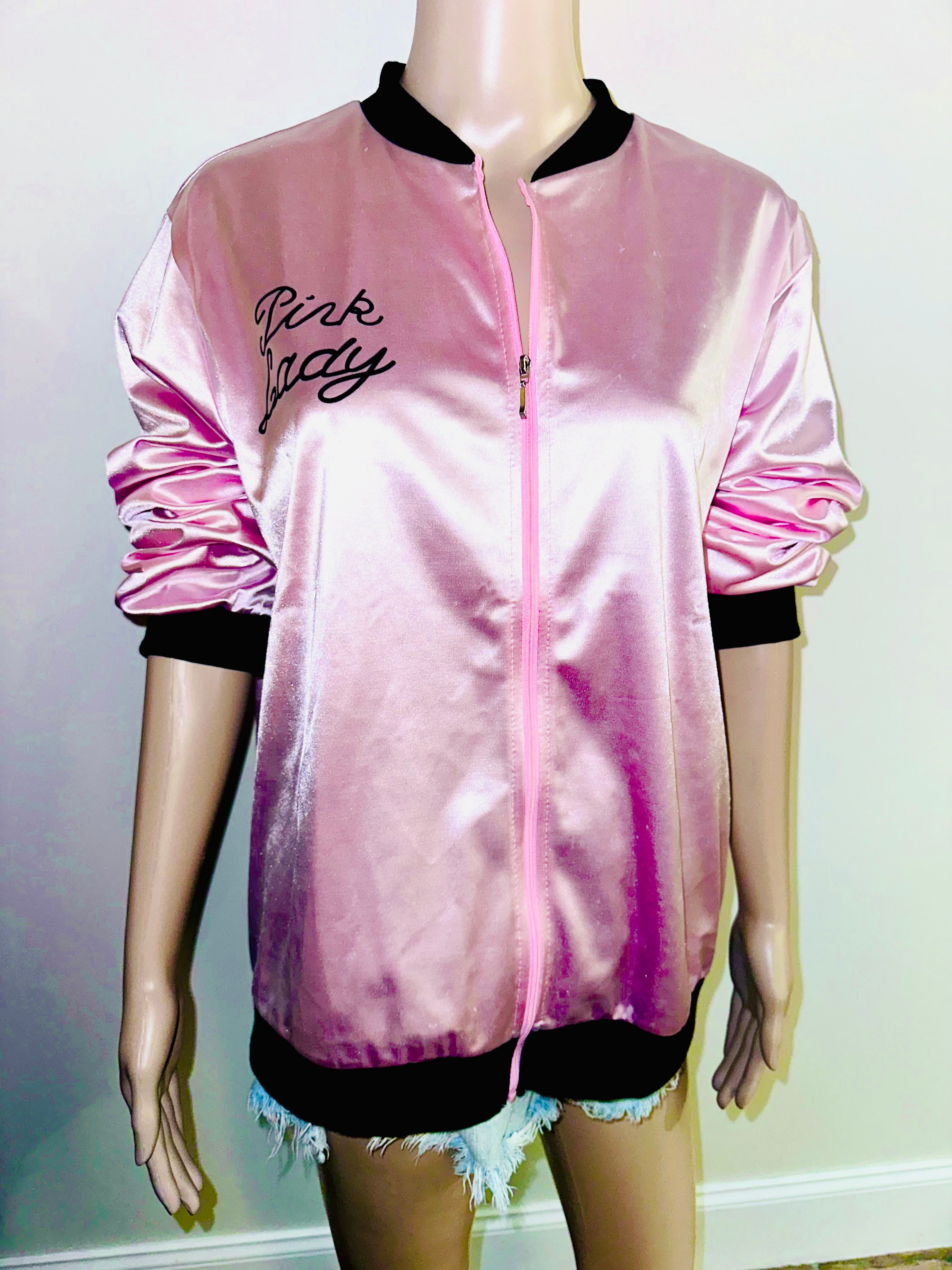 Pink Lady Grease Movie Themed Full Zip Satin Jacket, Sz XL