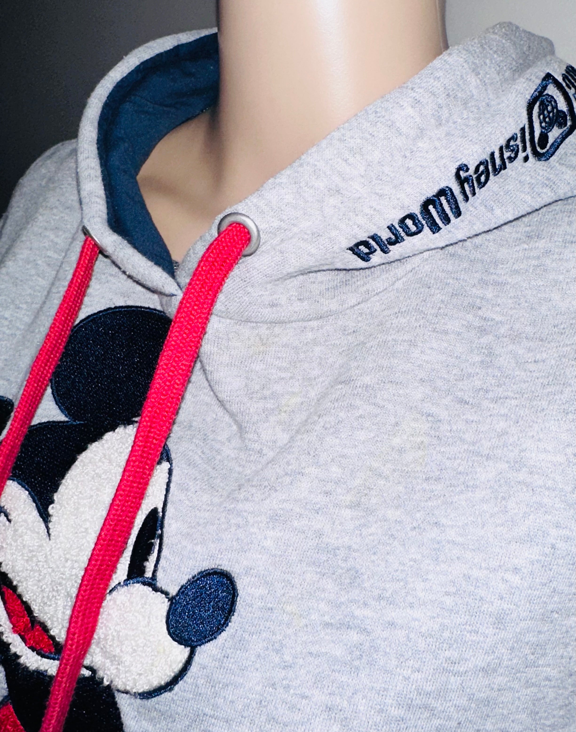 Disney Mickey Mouse Chenille Hoodie Sweatshirt Gray Varsity Ribbed Hem, Sz Sm