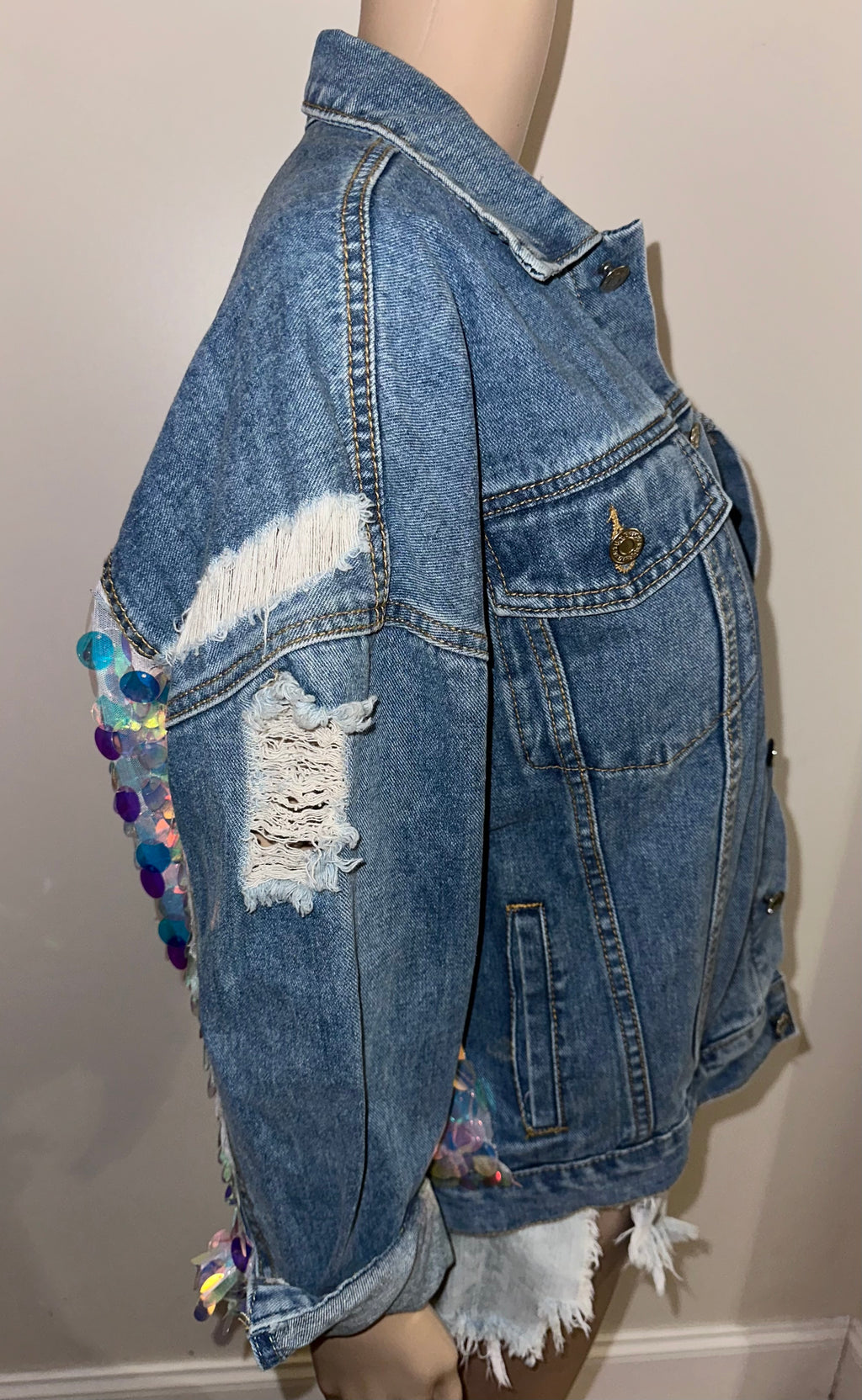 Iridescent Sequin Distressed Denim Jacket Festival Statement Jacket, Sz Large