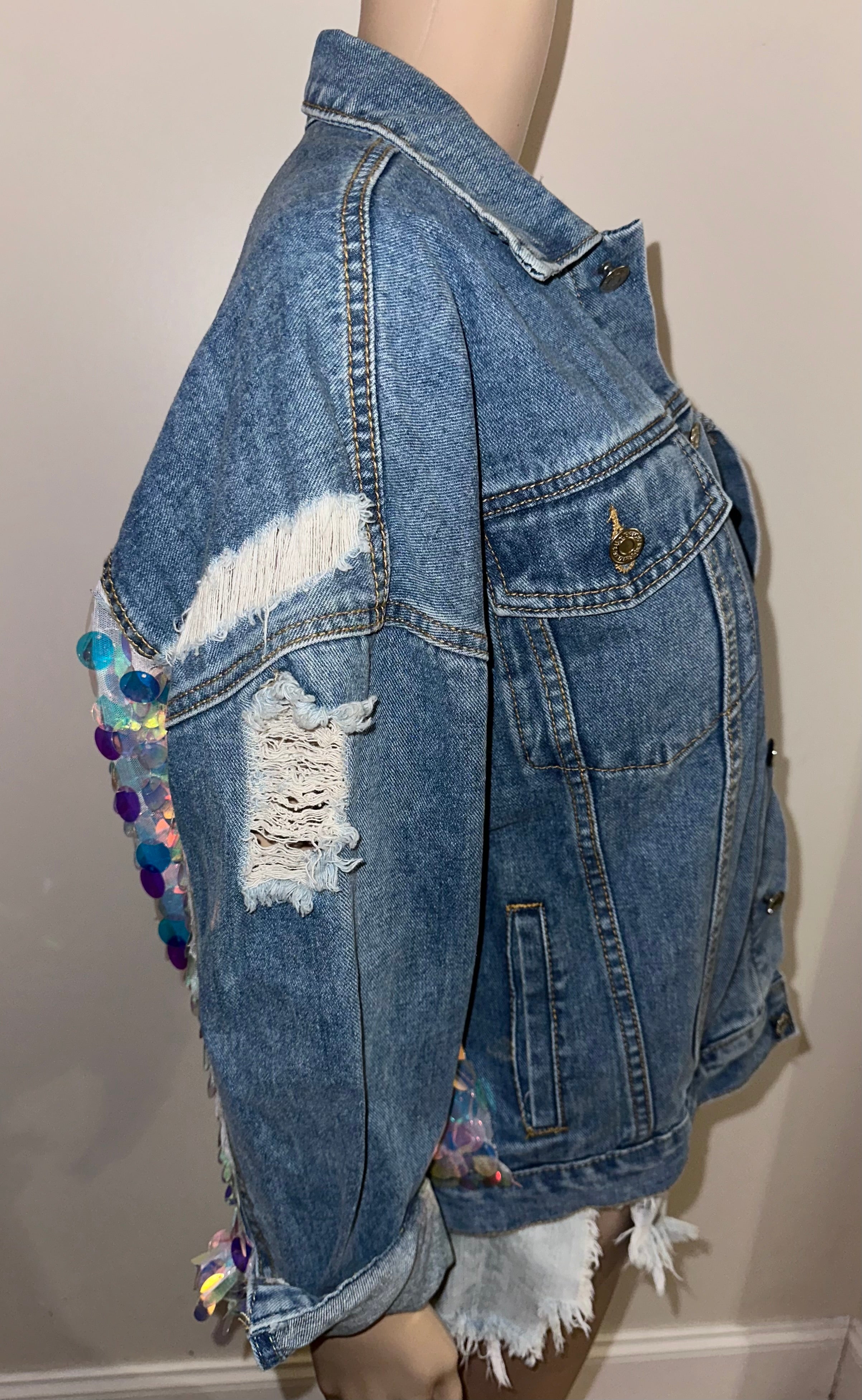 Iridescent Sequin Distressed Denim Jacket Festival Statement Jacket, Sz Large