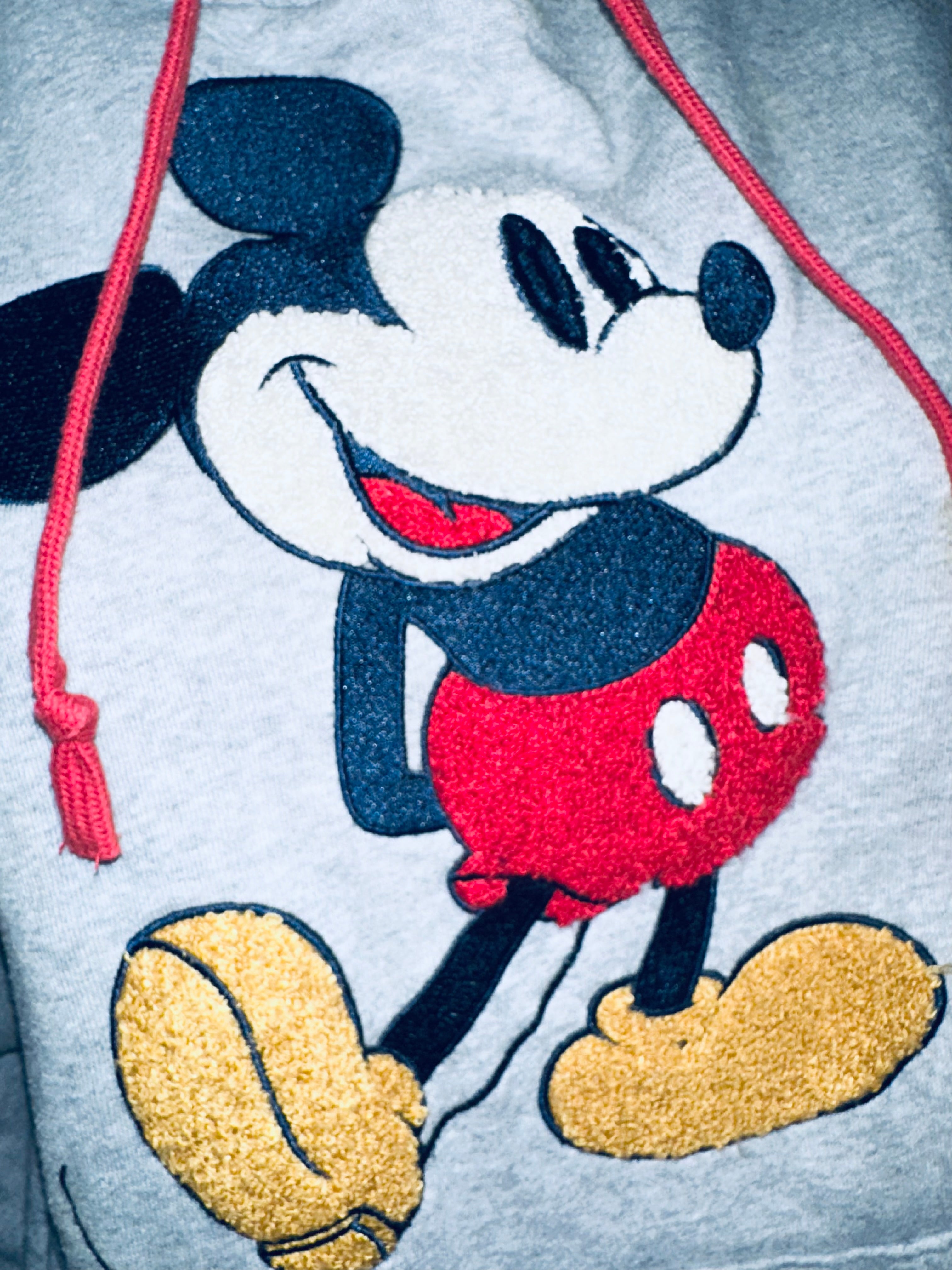 Disney Mickey Mouse Chenille Hoodie Sweatshirt Gray Varsity Ribbed Hem, Sz Sm