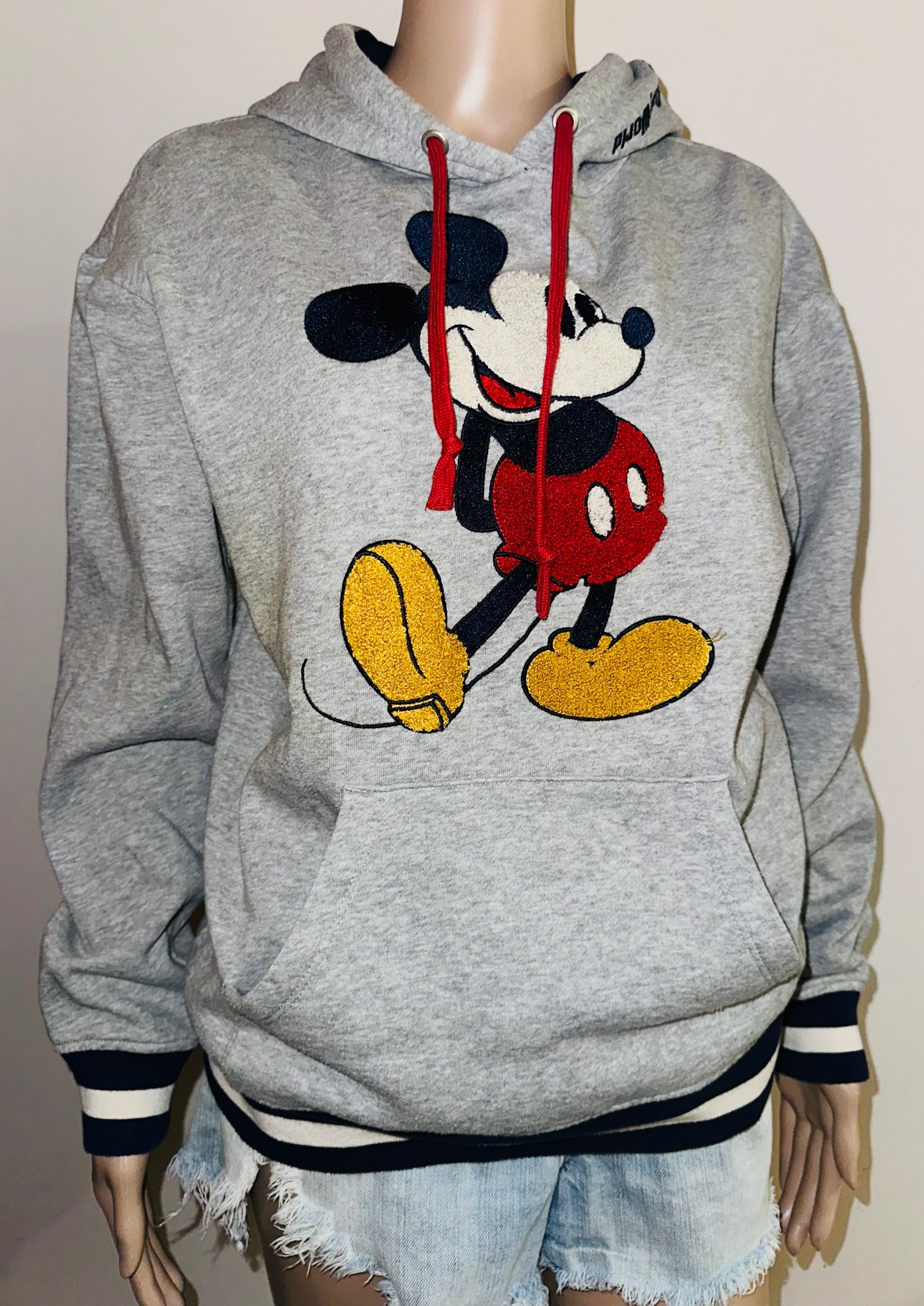 Disney Mickey Mouse Chenille Hoodie Sweatshirt Gray Varsity Ribbed Hem, Sz Sm