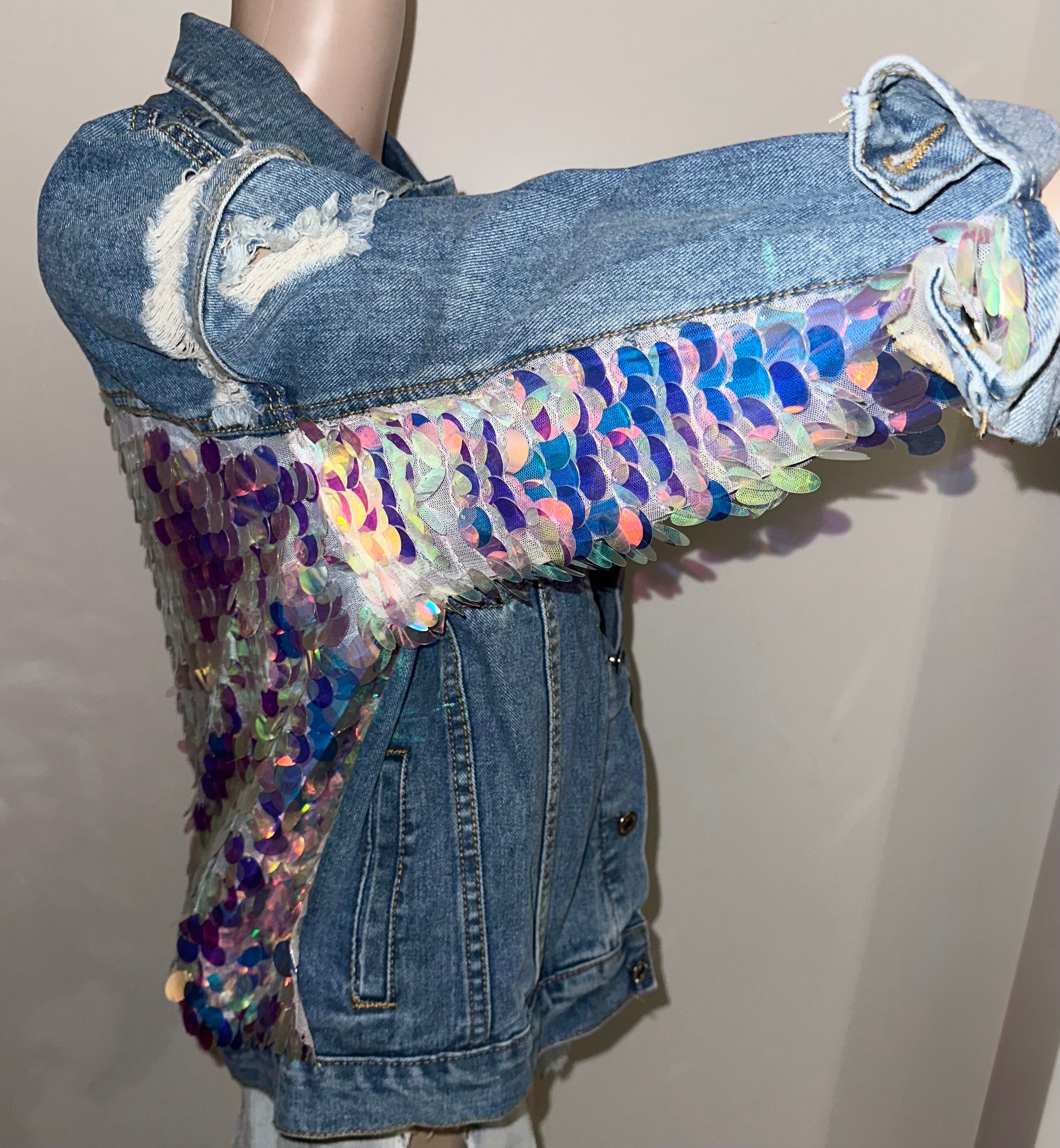 Iridescent Sequin Distressed Denim Jacket Festival Statement Jacket, Sz Large