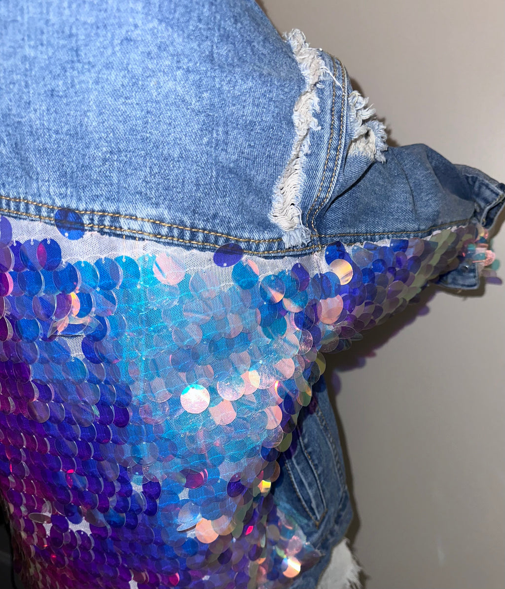 Iridescent Sequin Distressed Denim Jacket Festival Statement Jacket, Sz Large