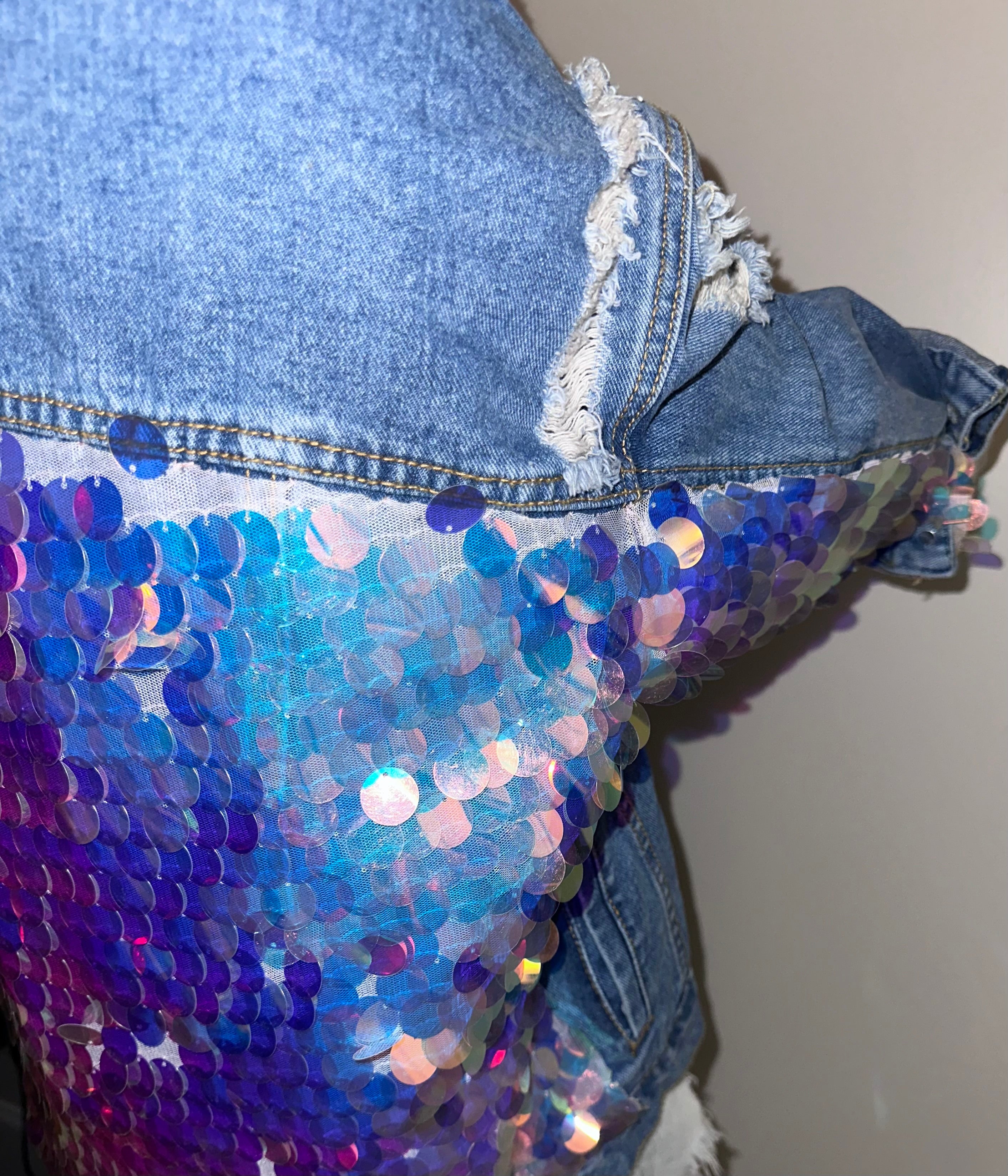 Iridescent Sequin Distressed Denim Jacket Festival Statement Jacket, Sz Large
