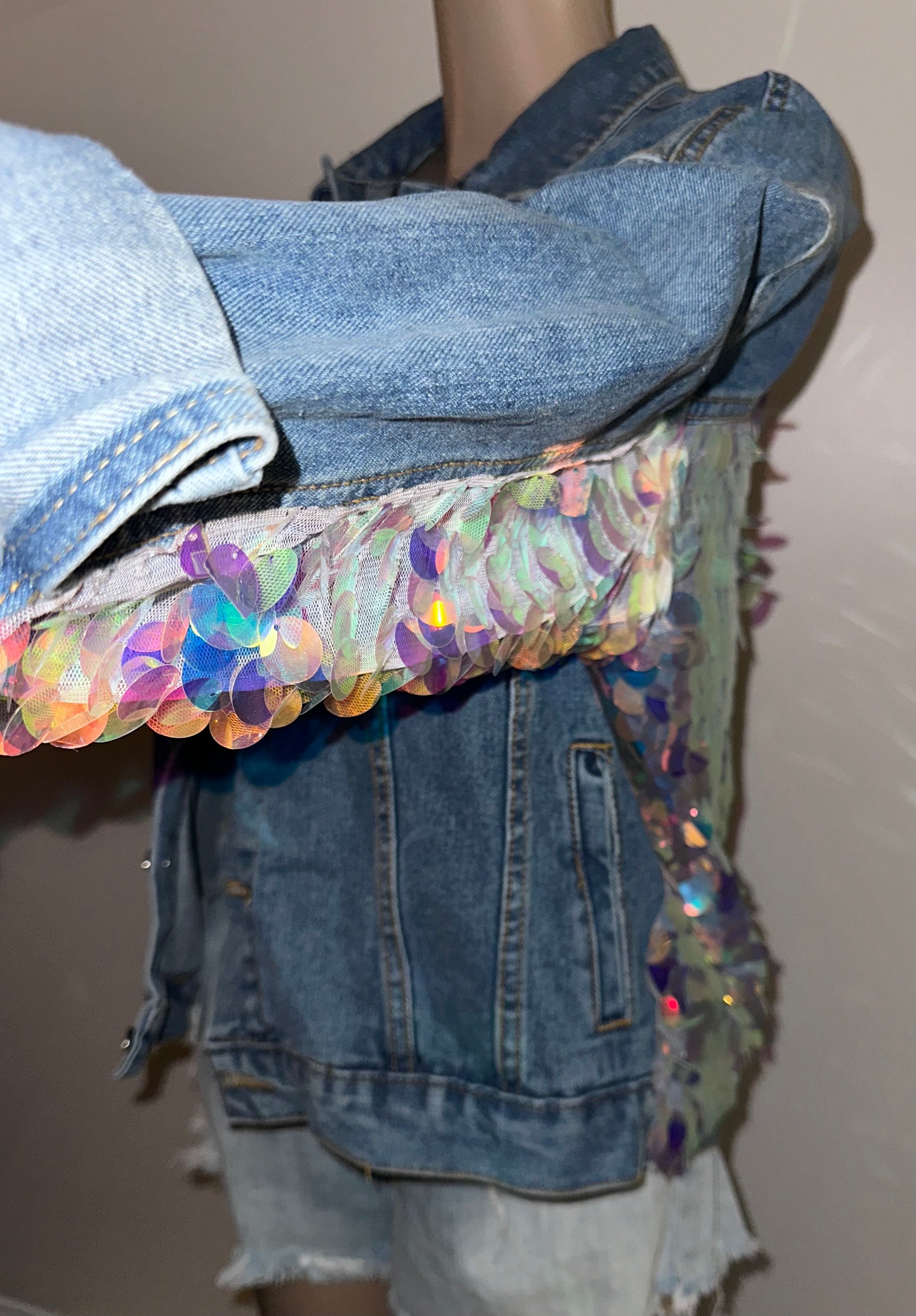 Iridescent Sequin Distressed Denim Jacket Festival Statement Jacket, Sz Large
