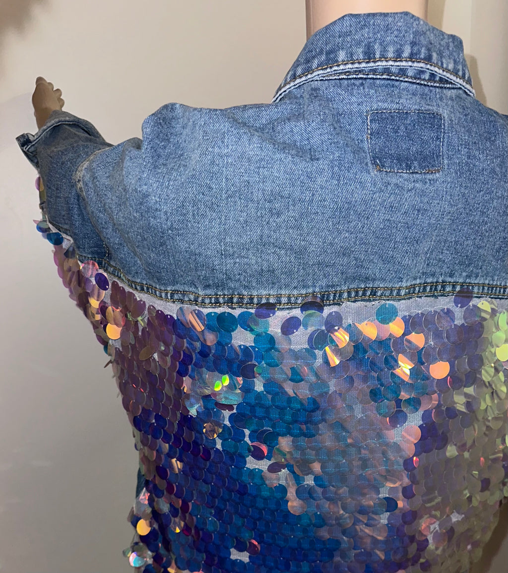 Iridescent Sequin Distressed Denim Jacket Festival Statement Jacket, Sz Large