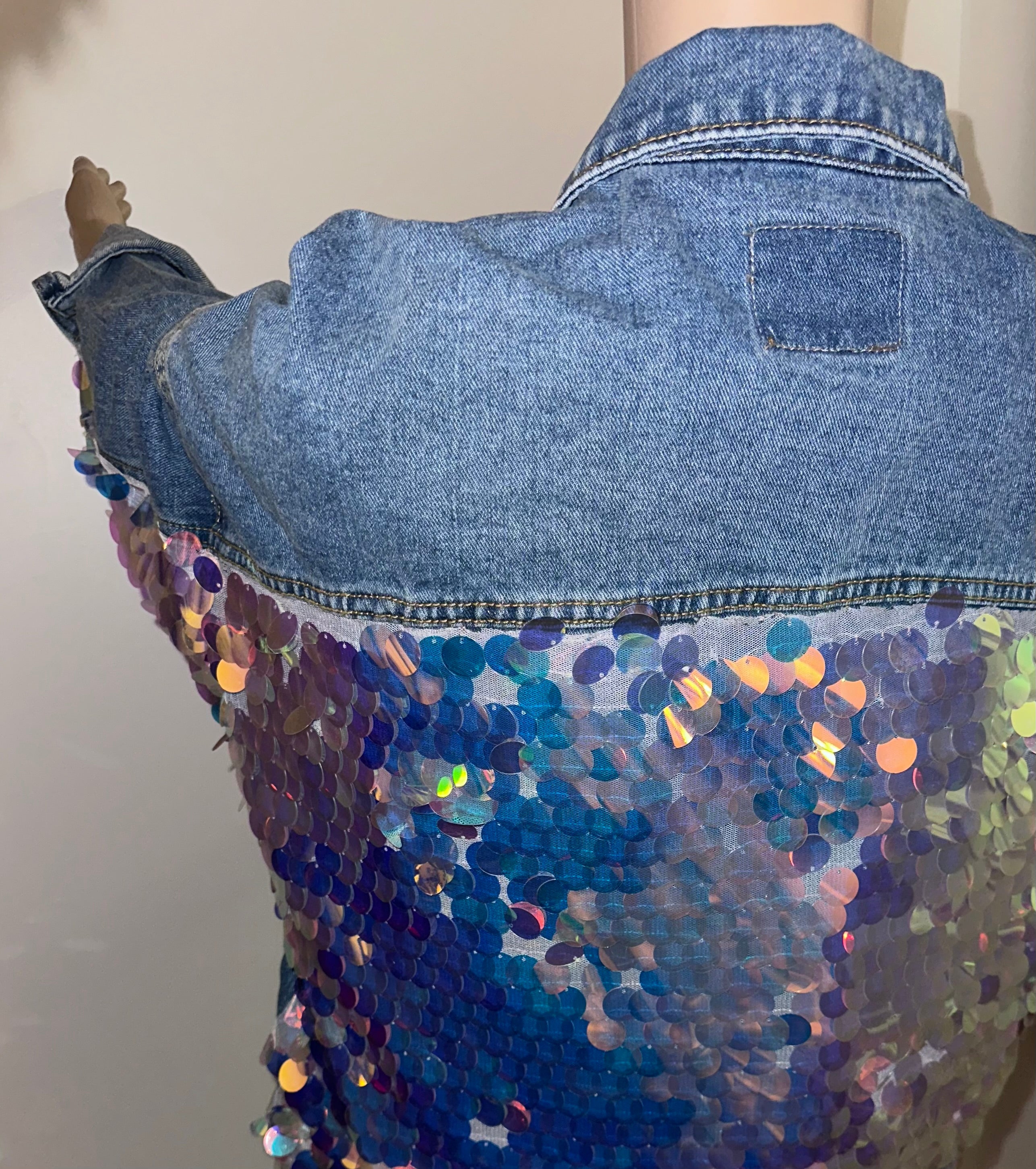 Iridescent Sequin Distressed Denim Jacket Festival Statement Jacket, Sz Large