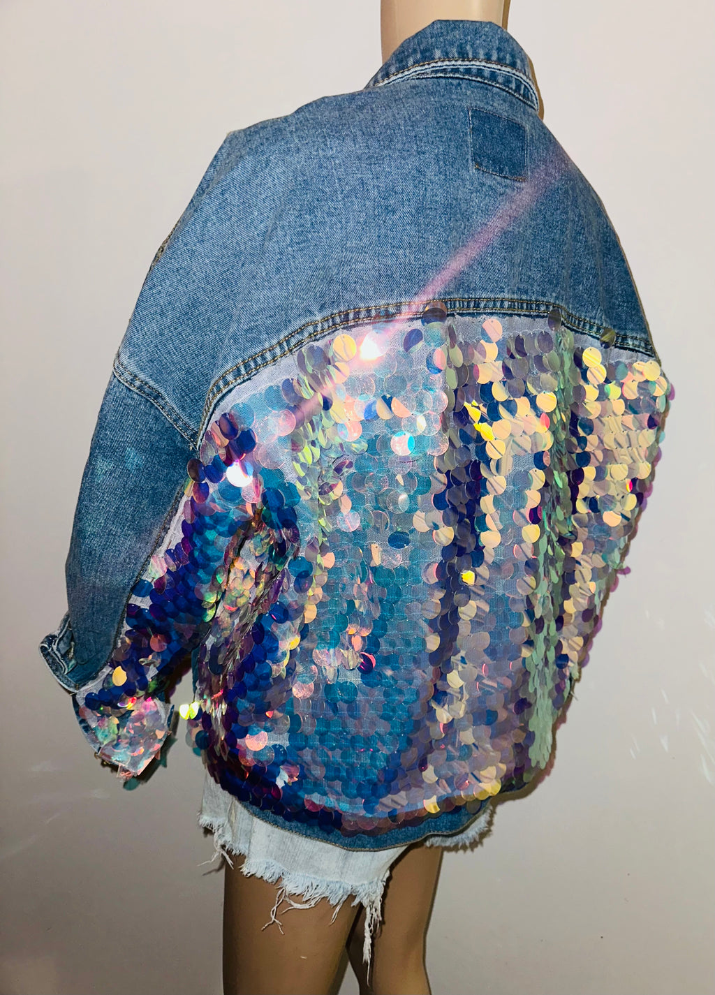 Iridescent Sequin Distressed Denim Jacket Festival Statement Jacket, Sz Large