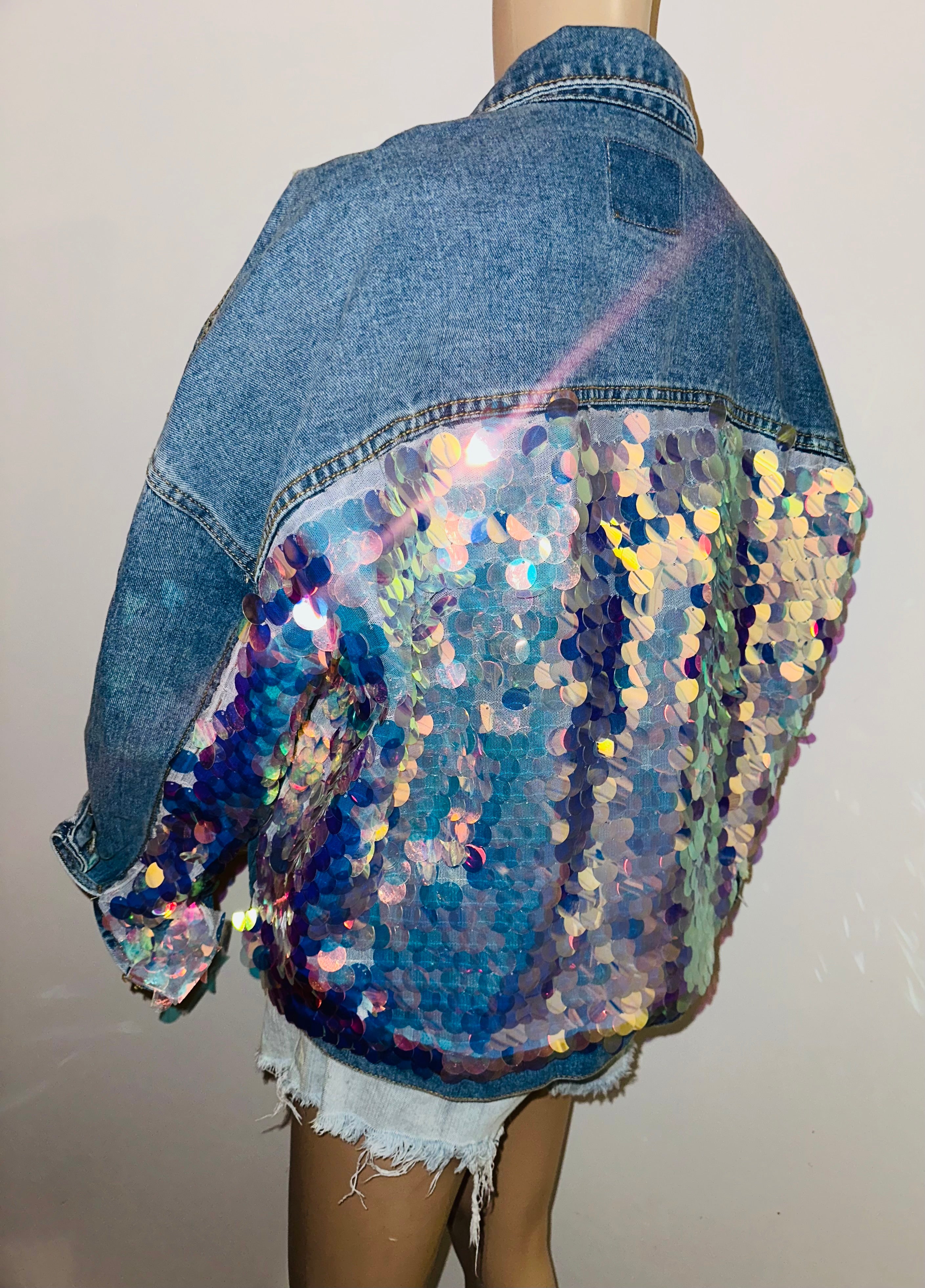Iridescent Sequin Distressed Denim Jacket Festival Statement Jacket, Sz Large