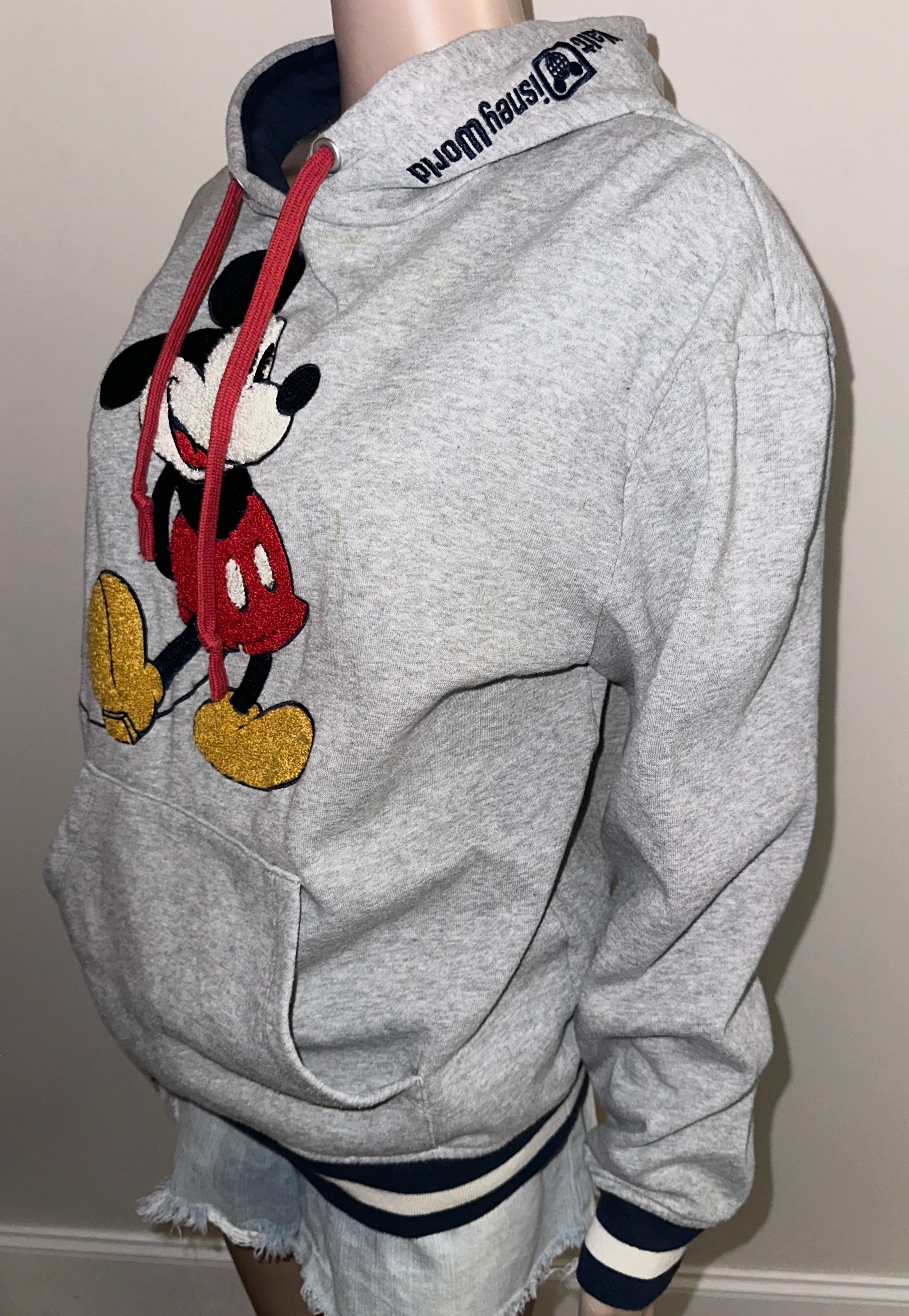 Disney Mickey Mouse Chenille Hoodie Sweatshirt Gray Varsity Ribbed Hem, Sz Sm