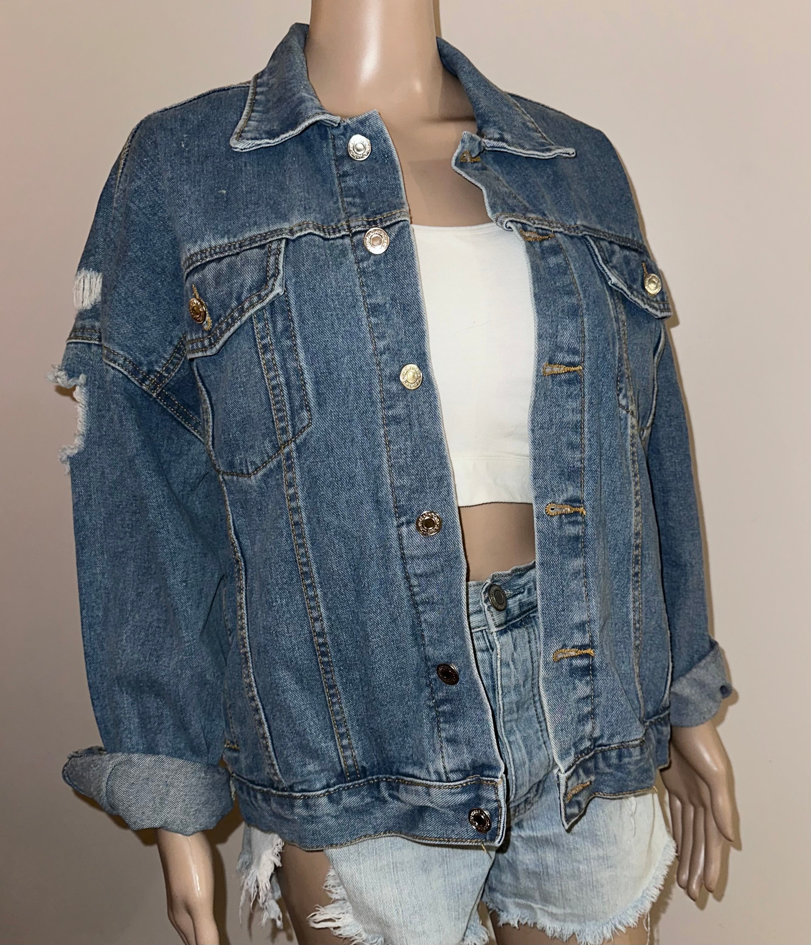 Iridescent Sequin Distressed Denim Jacket Festival Statement Jacket, Sz Large