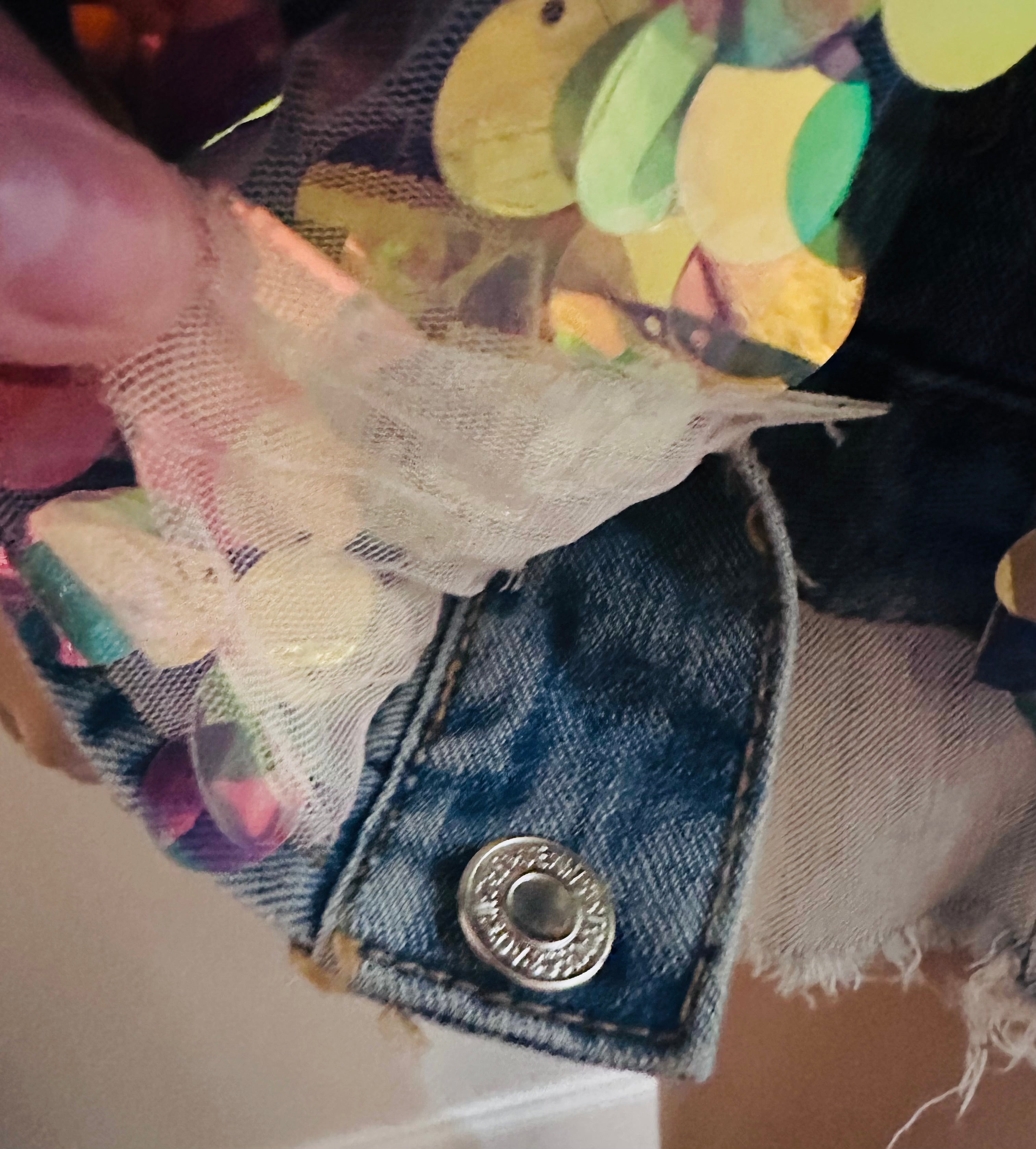 Iridescent Sequin Distressed Denim Jacket Festival Statement Jacket, Sz Large