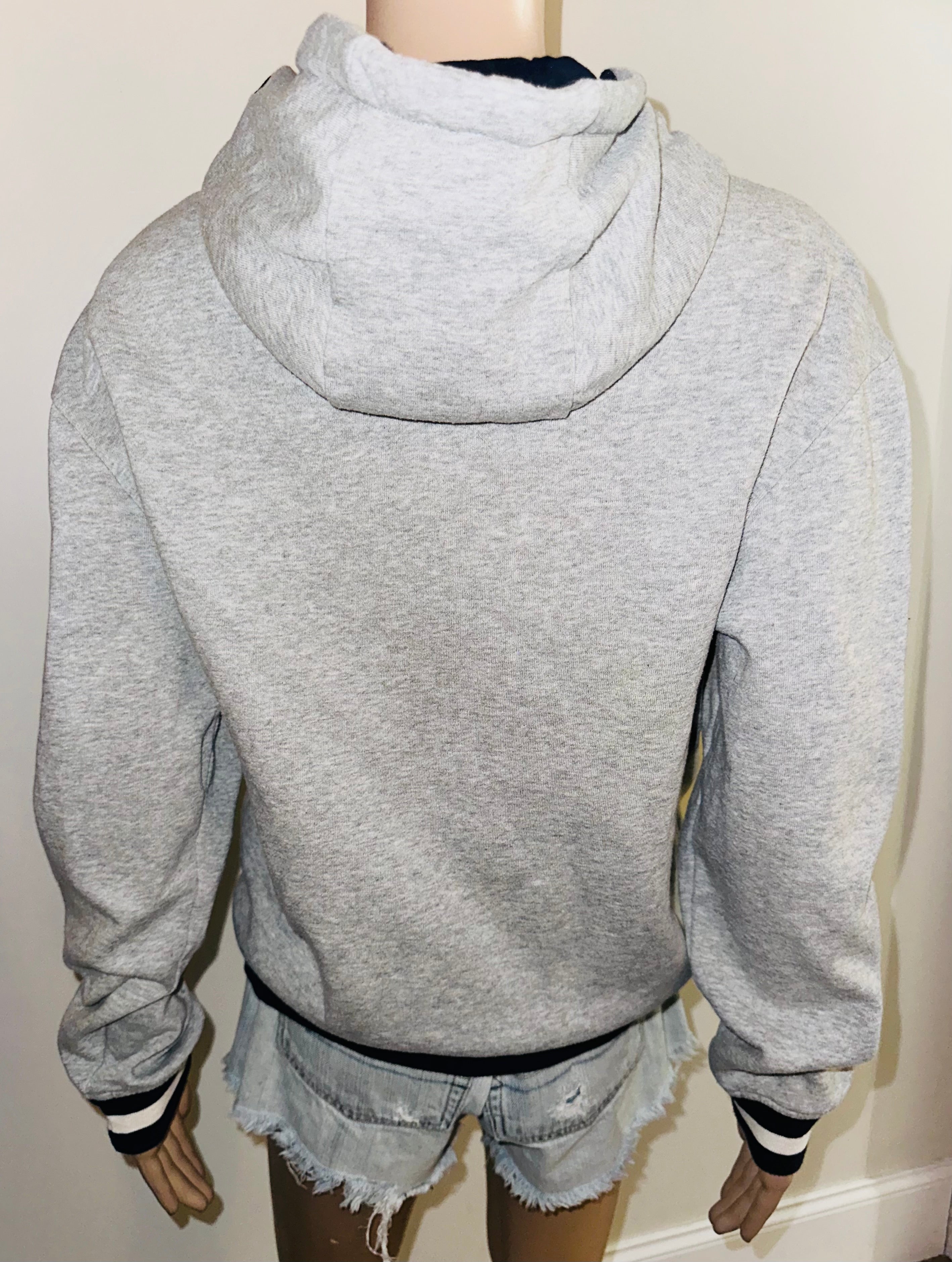 Disney Mickey Mouse Chenille Hoodie Sweatshirt Gray Varsity Ribbed Hem, Sz Sm