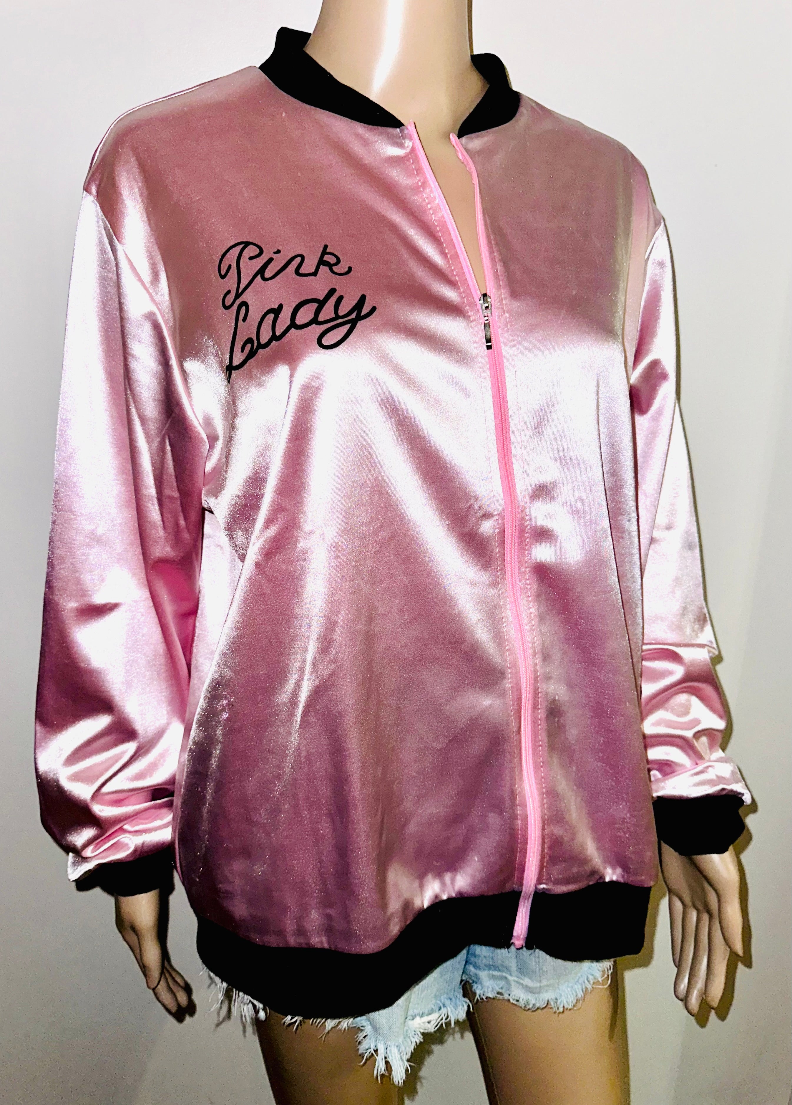 Pink Lady Grease Movie Themed Full Zip Satin Jacket, Sz XL