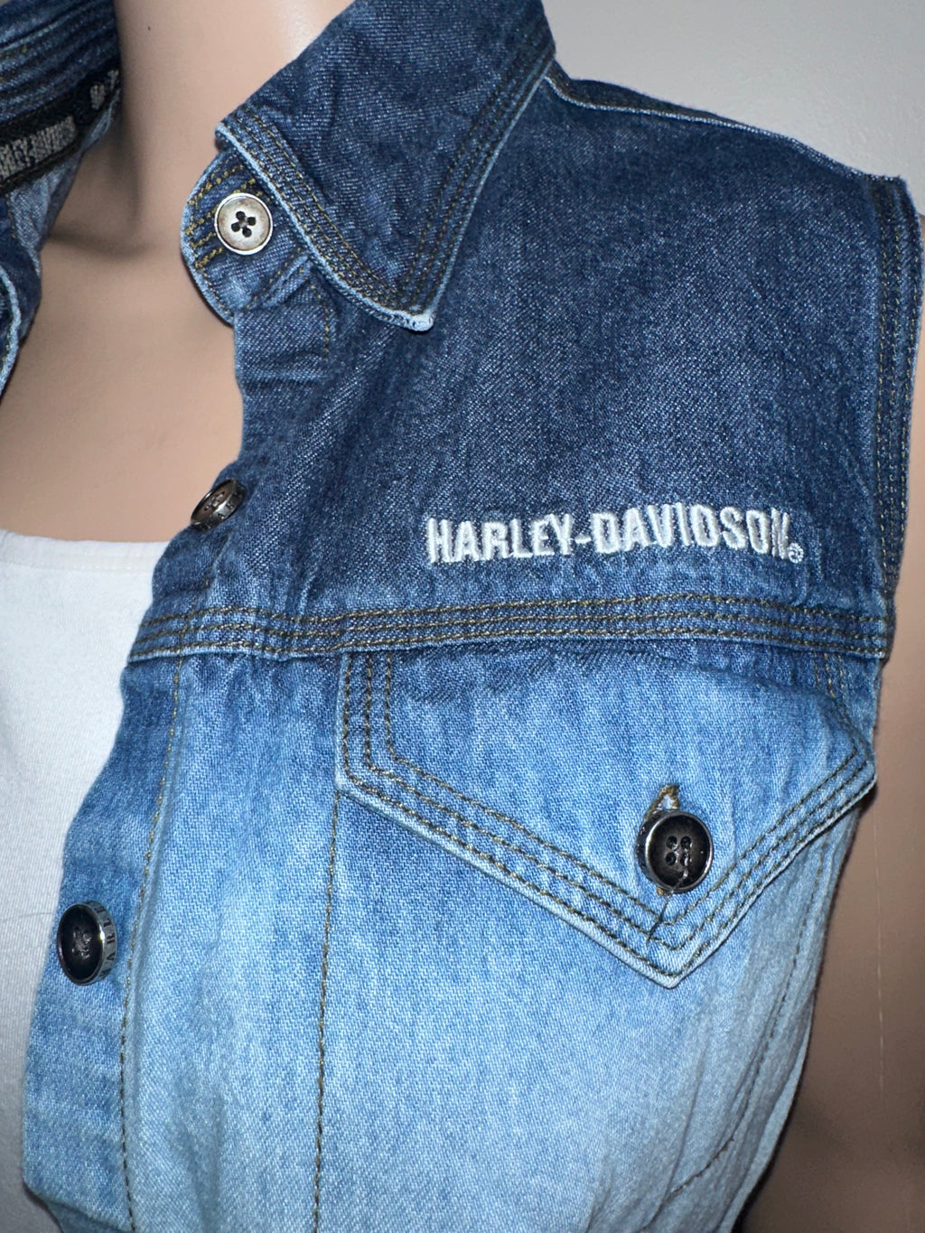 Harley Davidson Ombre Sleeveless Denim Button Up Shirt, Sz Small