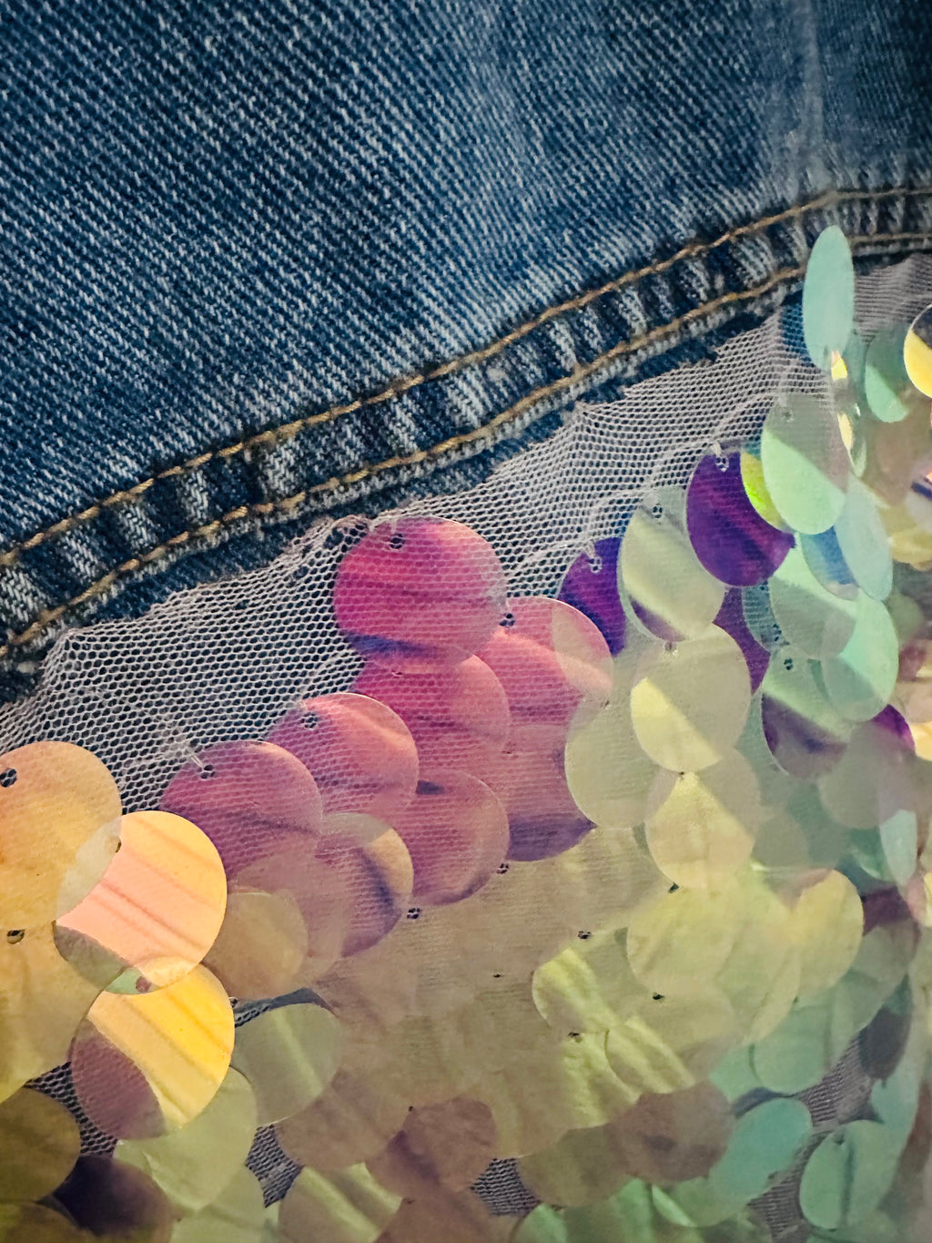 Iridescent Sequin Distressed Denim Jacket Festival Statement Jacket, Sz Large
