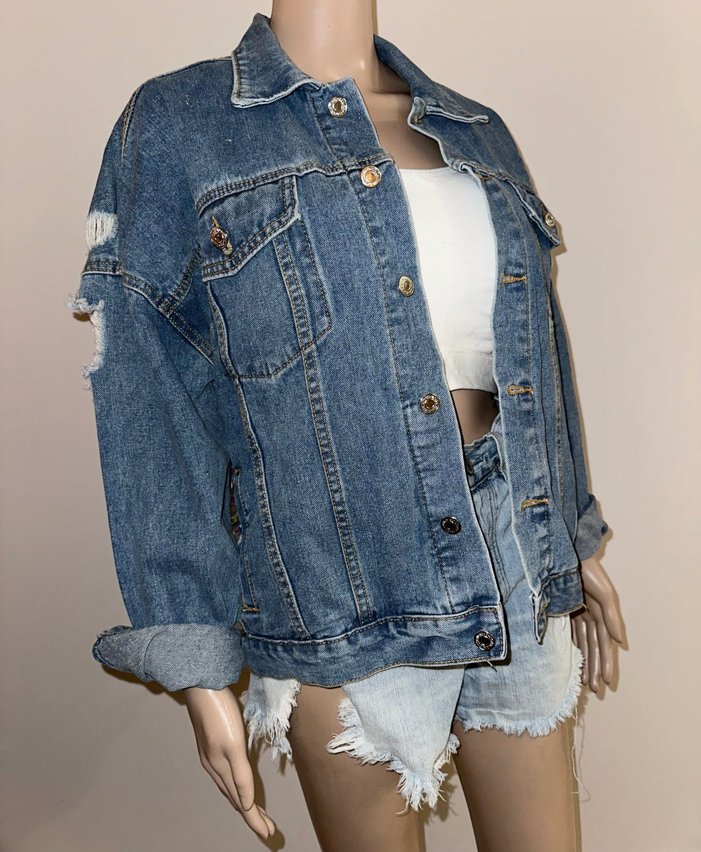 Iridescent Sequin Distressed Denim Jacket Festival Statement Jacket, Sz Large
