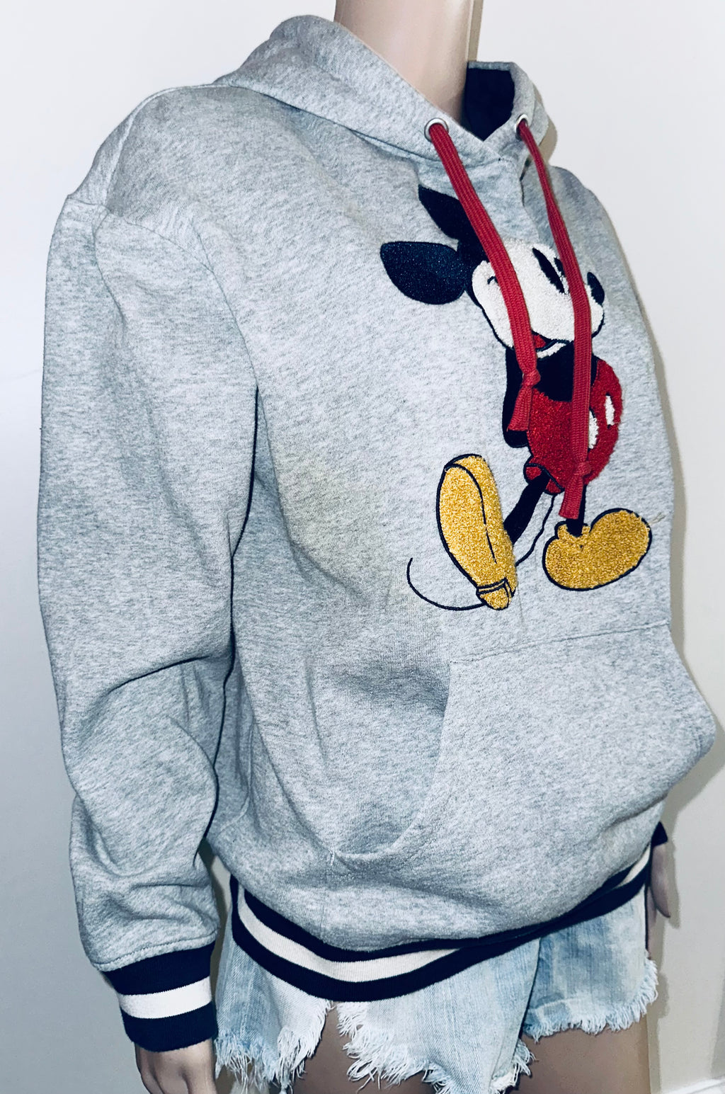 Disney Mickey Mouse Chenille Hoodie Sweatshirt Gray Varsity Ribbed Hem, Sz Sm