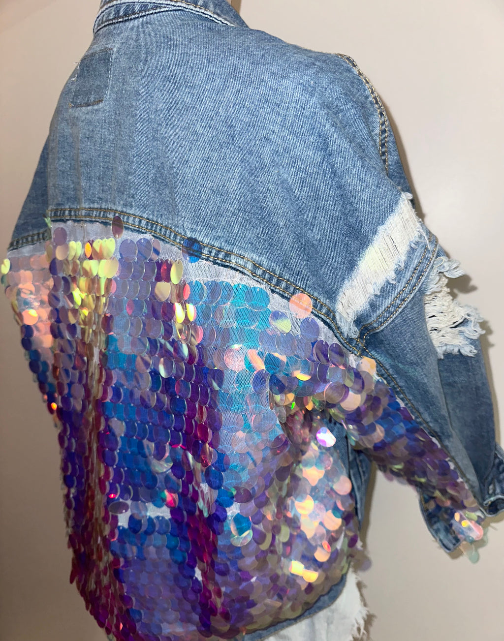 Iridescent Sequin Distressed Denim Jacket Festival Statement Jacket, Sz Large