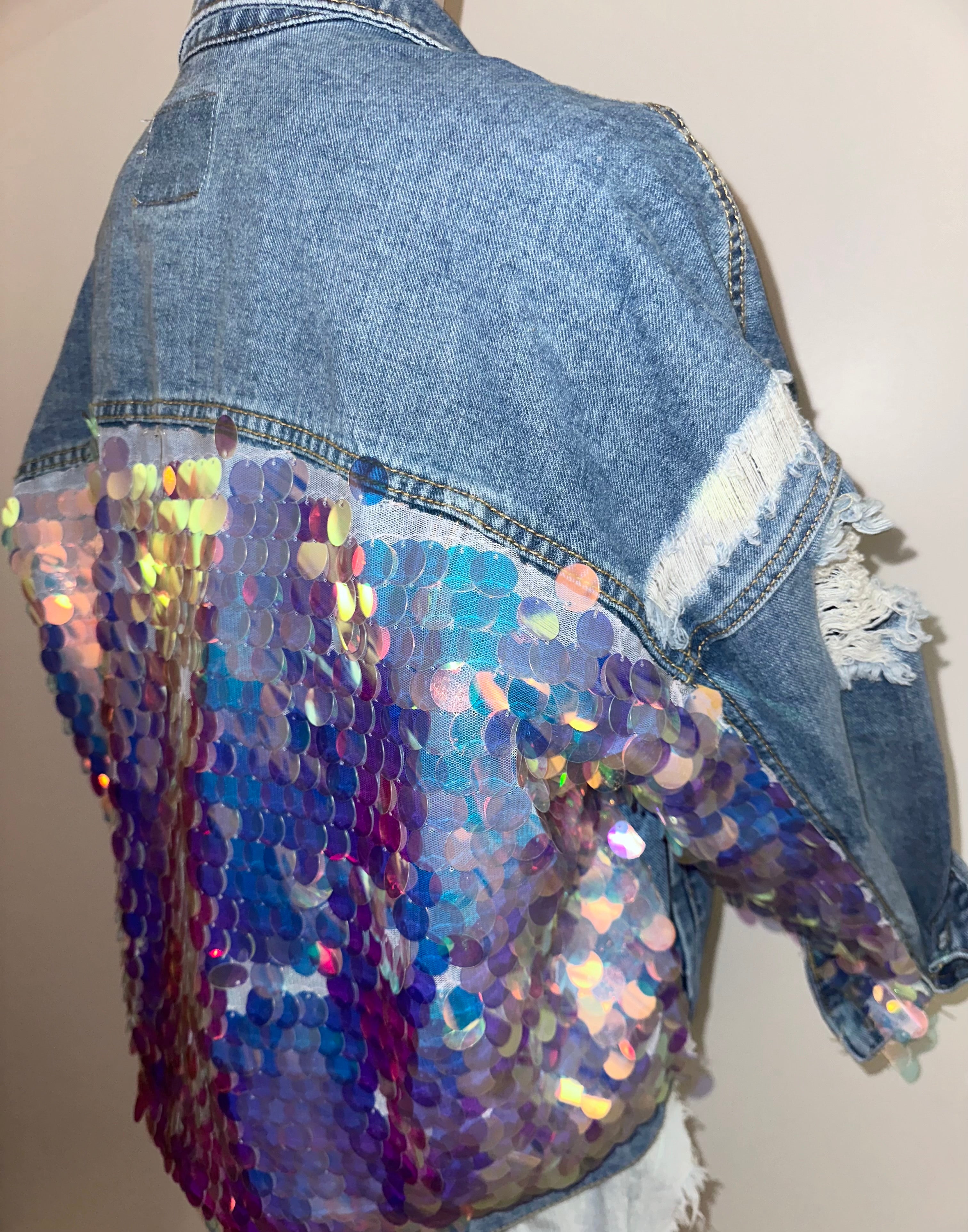Iridescent Sequin Distressed Denim Jacket Festival Statement Jacket, Sz Large