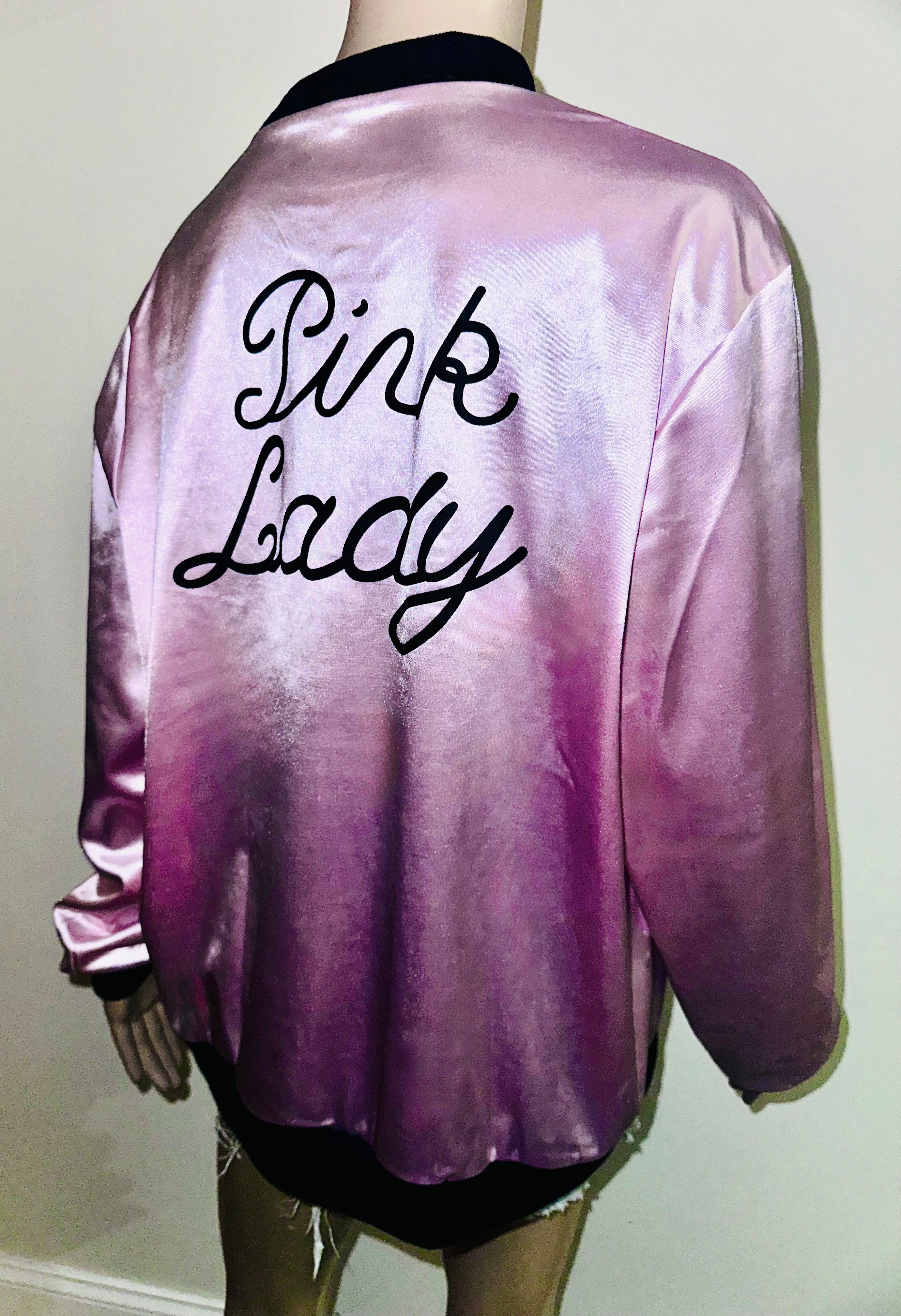 Pink Lady Grease Movie Themed Full Zip Satin Jacket, Sz XL