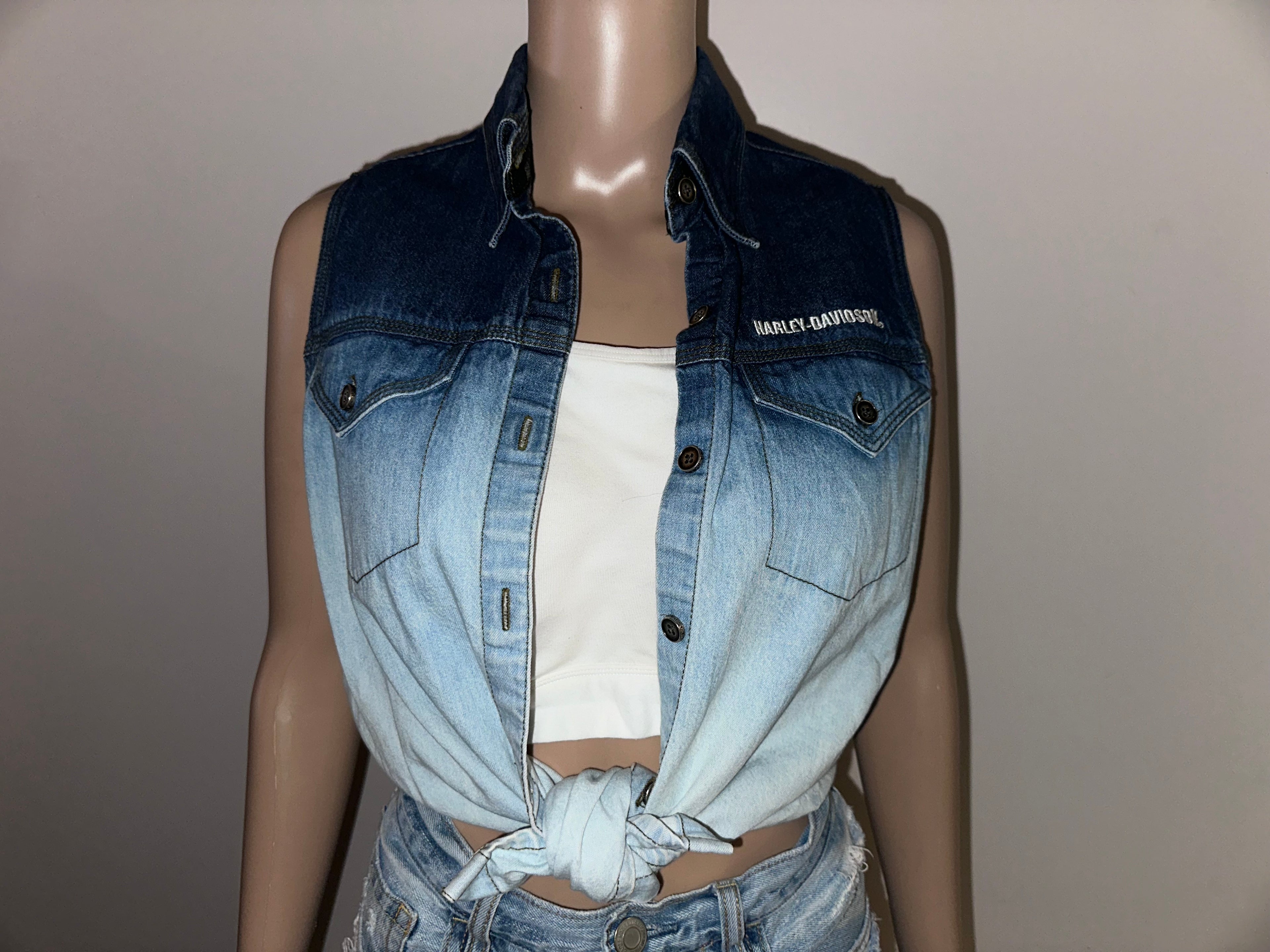 Harley Davidson Ombre Sleeveless Denim Button Up Shirt, Sz Small